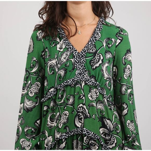 Anthropologie Robin Boho Tiered Ruffled V-Neck Dress Green Motif‎ Size Medium - Picture 4 of 11